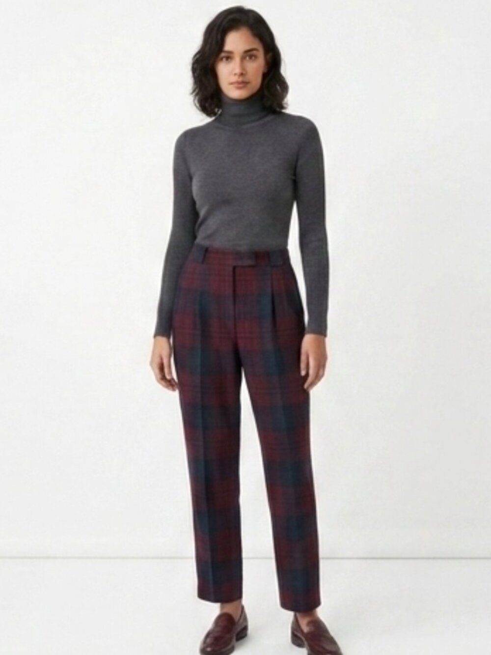 Giorgio Sant’Angelo Women’s S Burgundy Navy Plaid 100% Wool Tailored Trousers